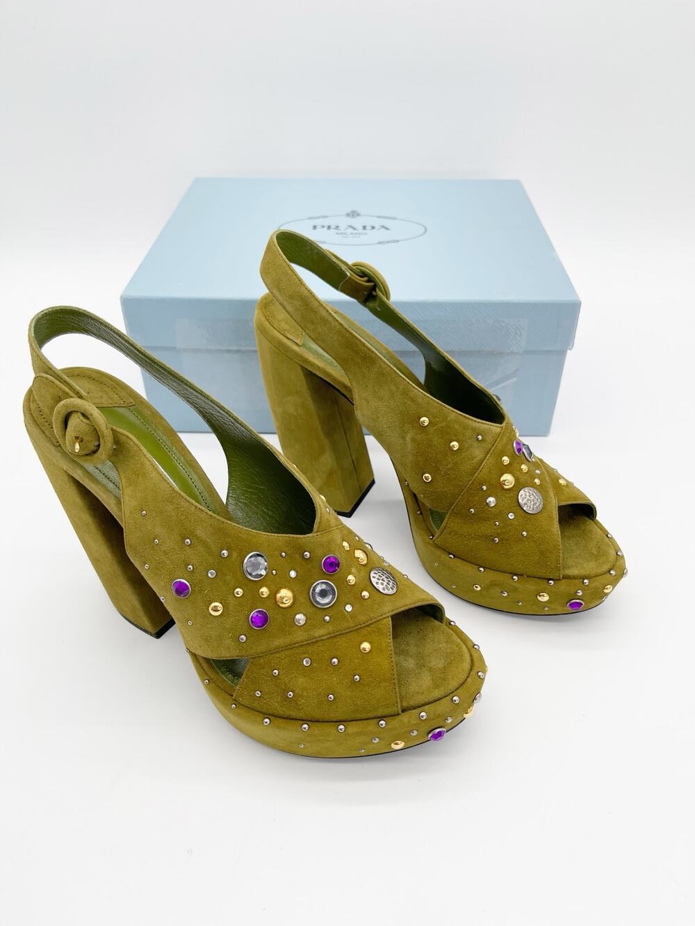 Prada Chartreuse Green Suede Multicolor Crystal Studded Platform Sandals IT 40.5